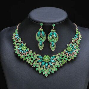 Peacock Necklace Earrings Set Rhinestones Green & Gold Tone